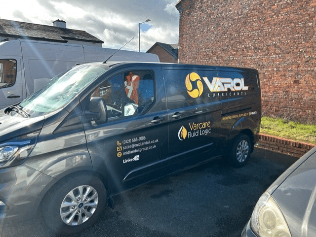 side of Varol Lubricants delivery van from Midland Oil Group, Birmingham's leading oil manufacturer and lubricant supplier.